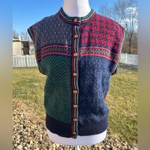 Vintage 80s Susan Bristol Shetland Wool Multicolor Patchwork Sweater Vest S